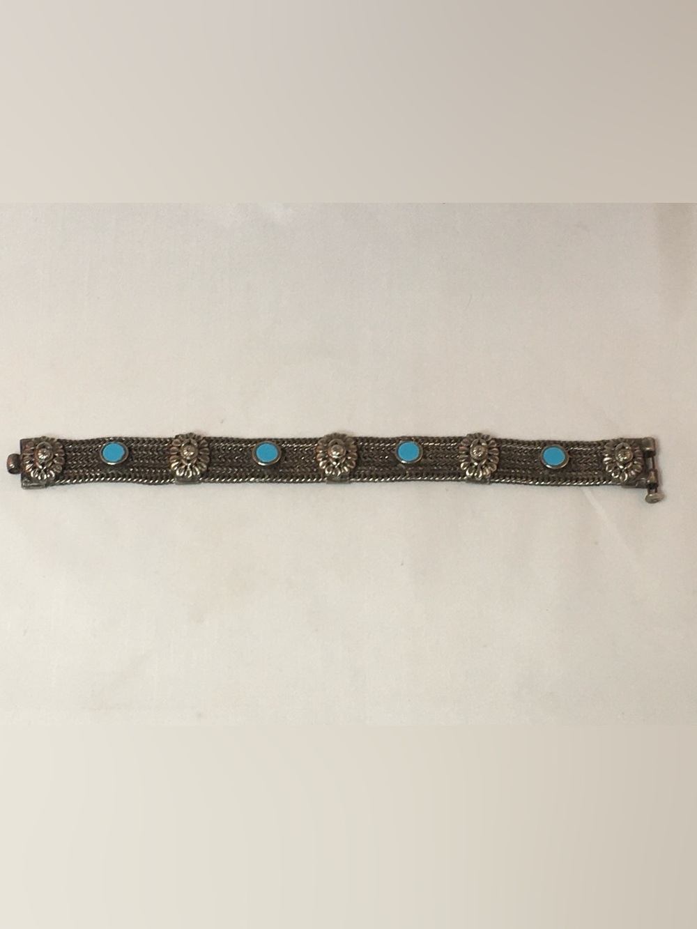 Woven Silver-Tone Bracelet with Turquoise Cabochons - Picture 2 of 2